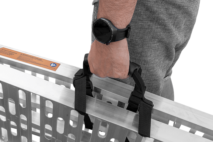 UNITRAILER ALR003 faltbare Rampen aus Aluminium für Anhänger, 221 cm, 680 kg Tragkraft, mit Gurt und Stütze, 2er-Set