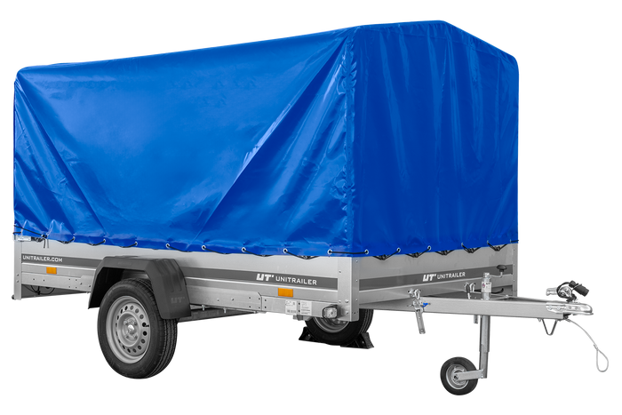 Autotransportanhänger auf Federn 264x150 UNITRAILER GARDEN 265/R KIPP mit H-1100 Rahmen und blauer Plane