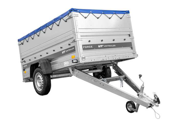 Leichter Anhänger 230x125 UNITRAILER FORCE 230 KIPP mit BIS-Seitenwänden, H-0-Rahmen und blauer Plane