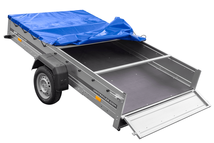 Einachsanhänger 264x150 UNITRAILER GARDEN 265 KIPP mit einem Flachplanenträger und blauer Plane