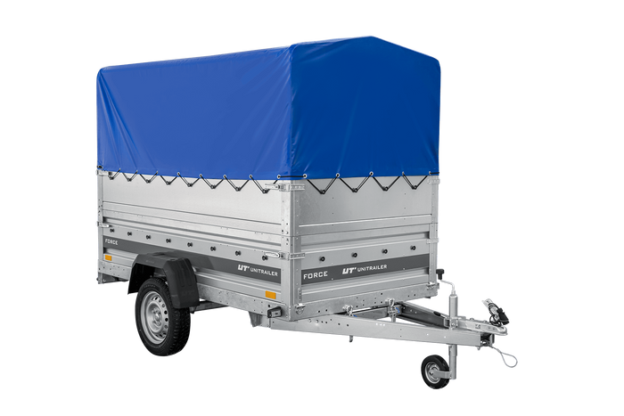 Autotransportanhänger 230x125 UNITRAILER FORCE 230 KIPP mit BIS-Seitenwänden, H-800-Rahmen und blauer Plane