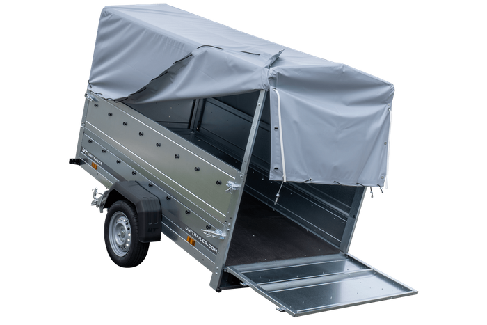 PKW-Anhänger 230x125 UNITRAILER GARDEN 230 KIPP mit Zusatzbordwänden und grauer Hochplane 80 cm