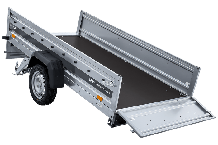 Einachsanhänger 264x125 UNITRAILER FORCE 264 KIPP mit Gitterwänden, H-0-Rahmen und grauer Plane