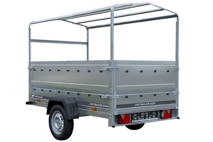 PKW-Anhänger 230x125 UNITRAILER GARDEN 230 KIPP mit Zusatzbordwänden und grauer Hochplane 80 cm