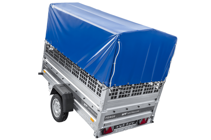 Einachsanhänger 230x125 UNITRAILER FORCE 230 KIPP mit Gitterseitenwänden, H-0-Rahmen und blauer Plane